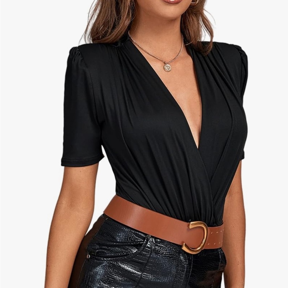 Women's Shoulder Pad V Neck Wrap Pleated Short Sleeve Leotard Bodysuit